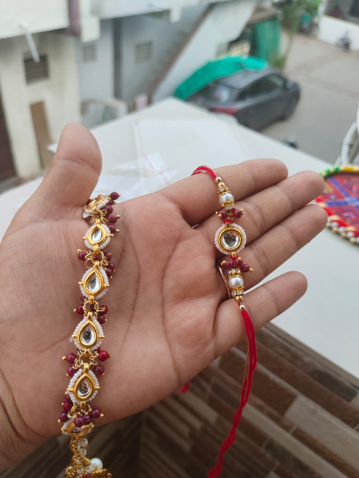 Royal Kundan Bhaiya Bhabhi Rakhi & Adjustable Lumba Bracelet Combo Set (Pair) - Image 3