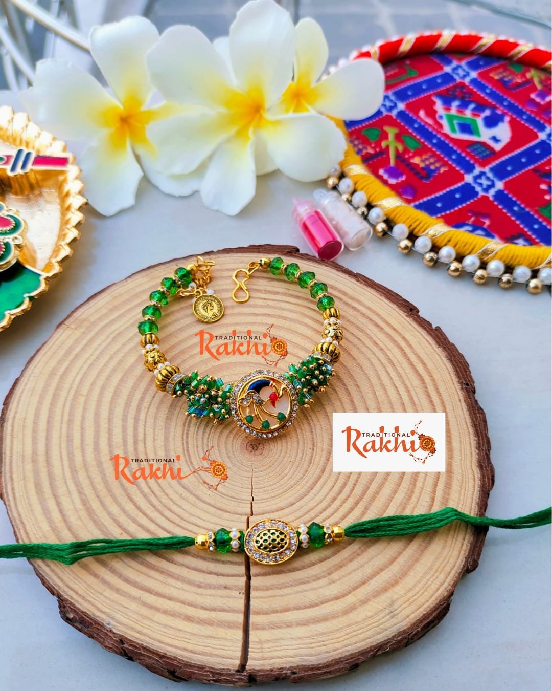 Emerald Green Meenakari Peacock Bhaiya Bhabhi Combo Rakhi Set - Image 4