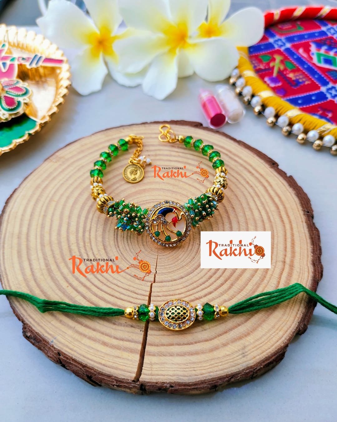 Emerald Green Meenakari Peacock Bhaiya Bhabhi Combo Rakhi Set - Image 5