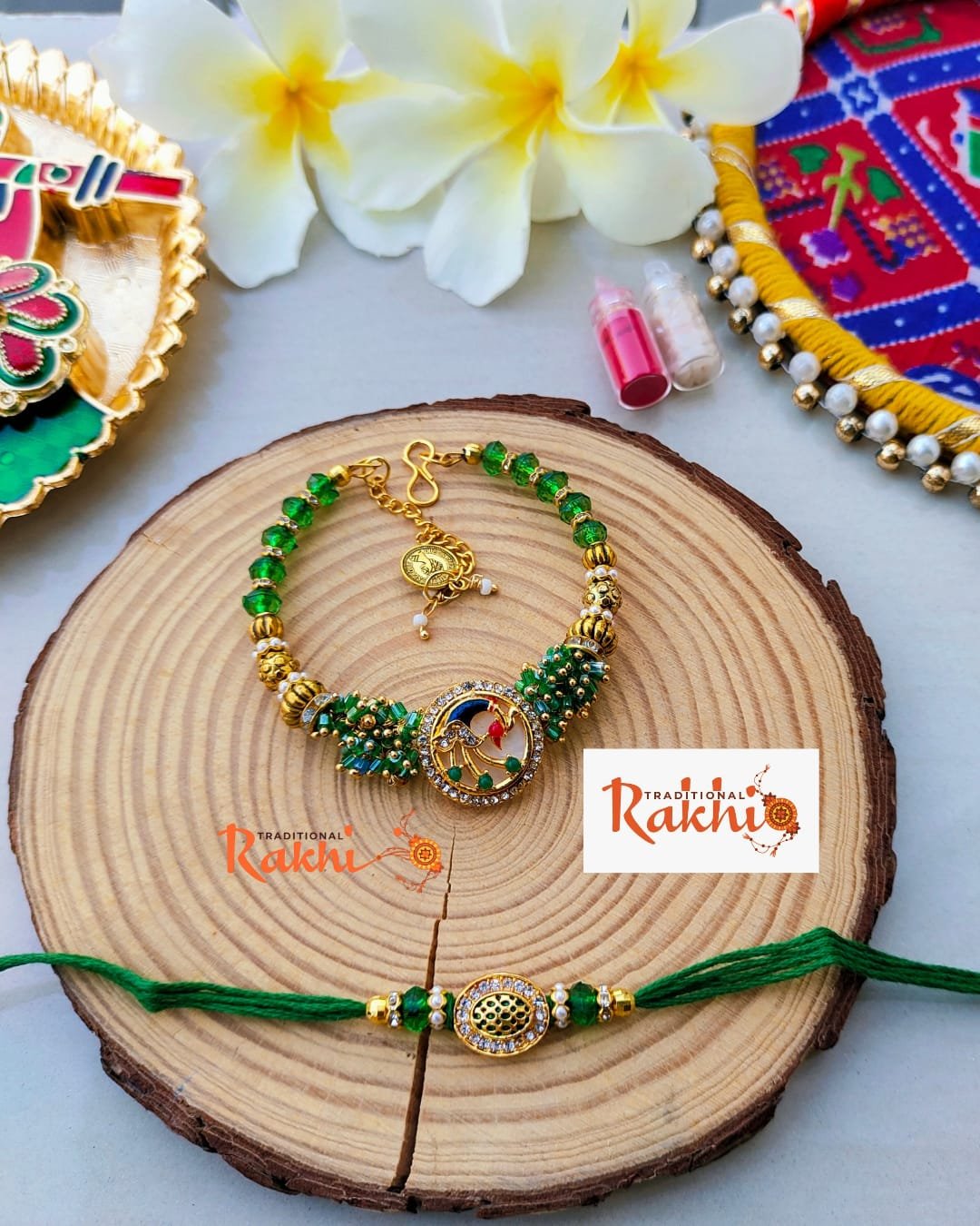 Emerald Green Meenakari Peacock Bhaiya Bhabhi Combo Rakhi Set - Image 6