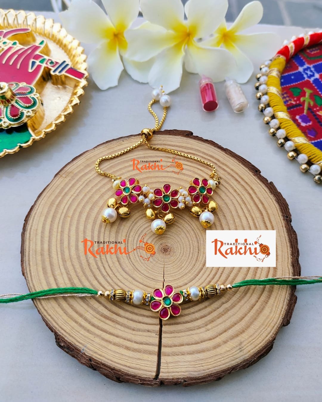 Ruby Pink Triple Floral Crown Bhaiya Bhabhi Combo Rakhi Set - Image 5