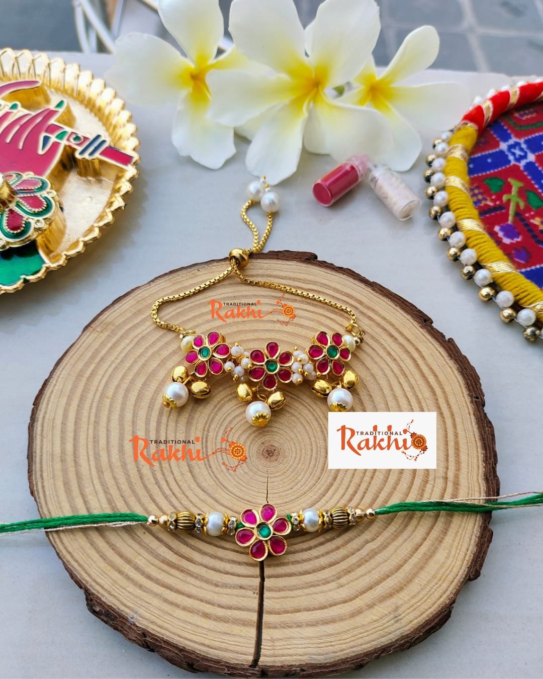 Ruby Pink Triple Floral Crown Bhaiya Bhabhi Combo Rakhi Set - Image 2