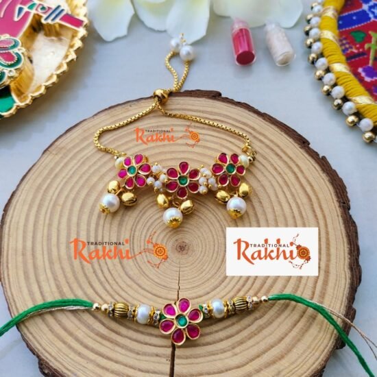 Ruby Pink Triple Floral Crown Bhaiya Bhabhi Combo Rakhi Set