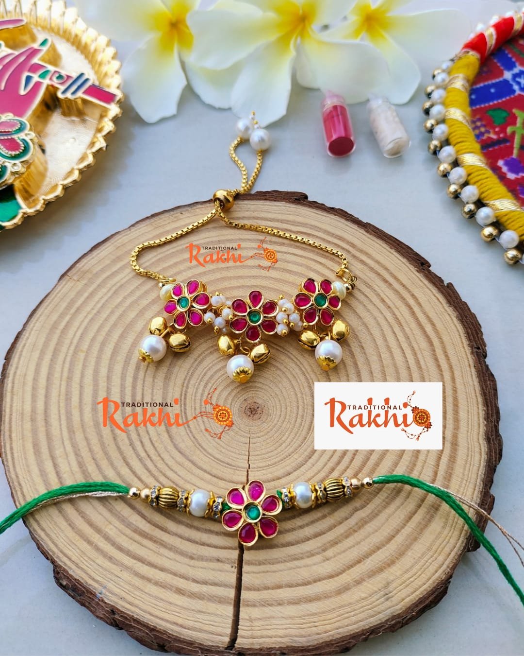 Ruby Pink Triple Floral Crown Bhaiya Bhabhi Combo Rakhi Set