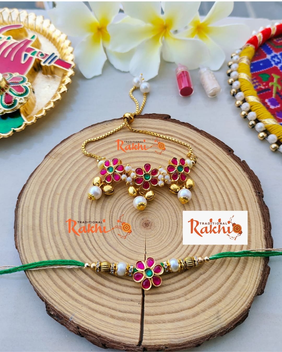 Ruby Pink Triple Floral Crown Bhaiya Bhabhi Combo Rakhi Set - Image 4