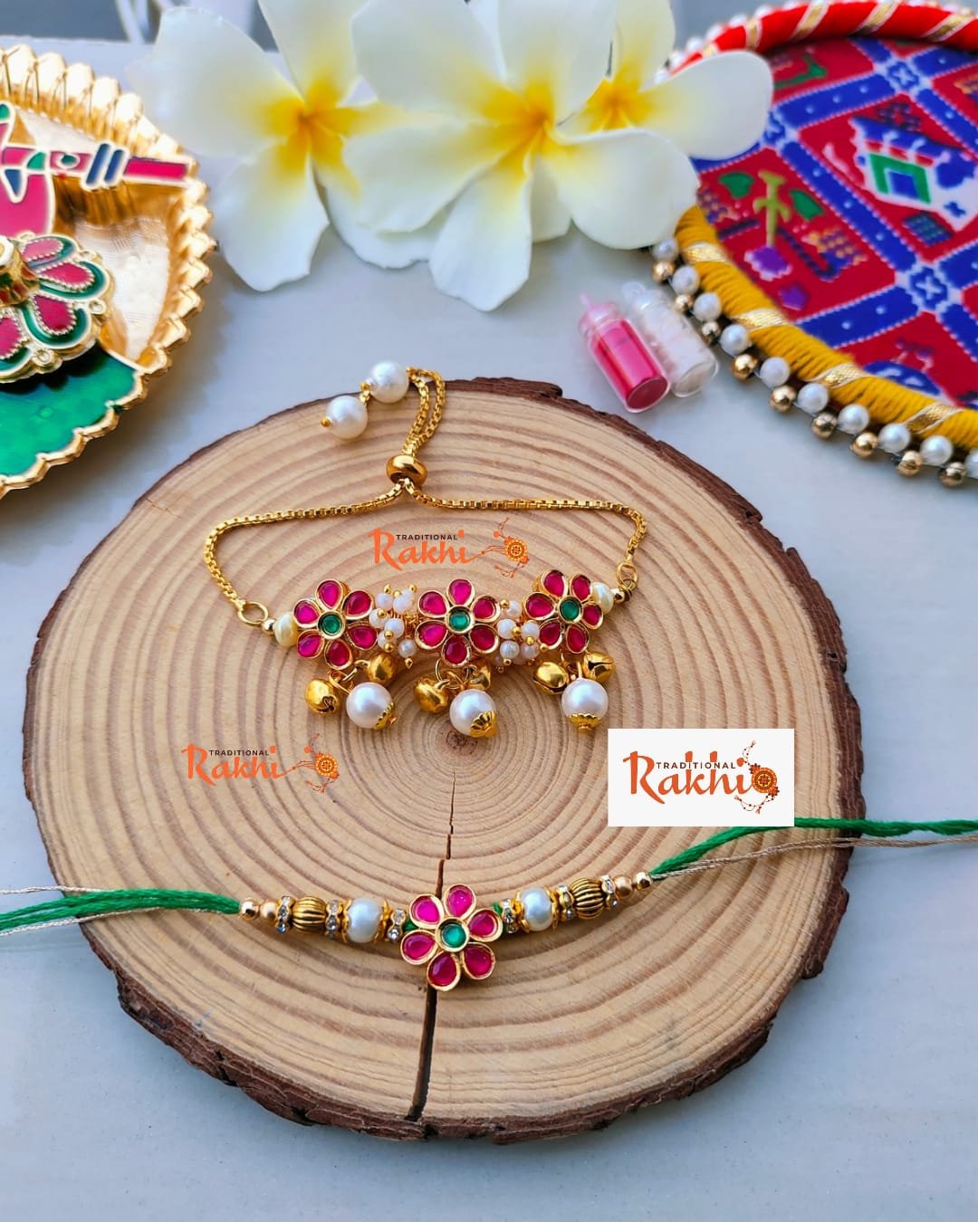 Ruby Pink Triple Floral Crown Bhaiya Bhabhi Combo Rakhi Set - Image 3