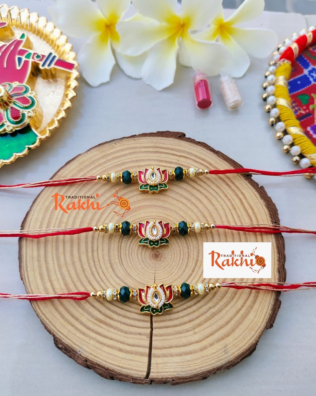 Traditional Meenakari Lotus Flower Crystal Beaded Designer Rakhi (Single Piece) - Image 2