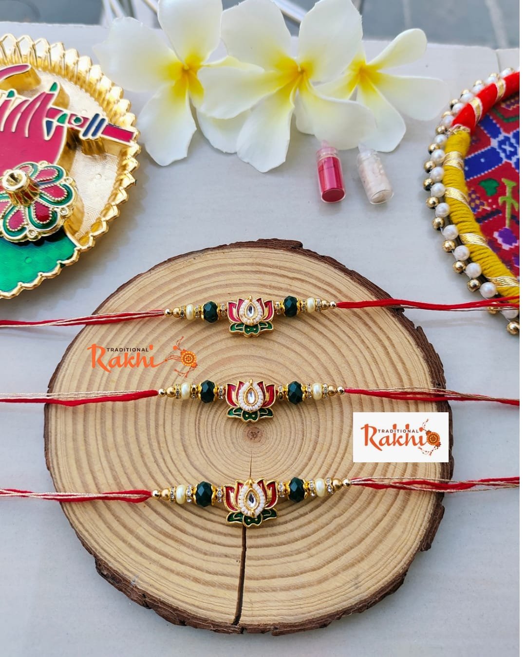 Traditional Meenakari Lotus Flower Crystal Beaded Designer Rakhi (Single Piece)
