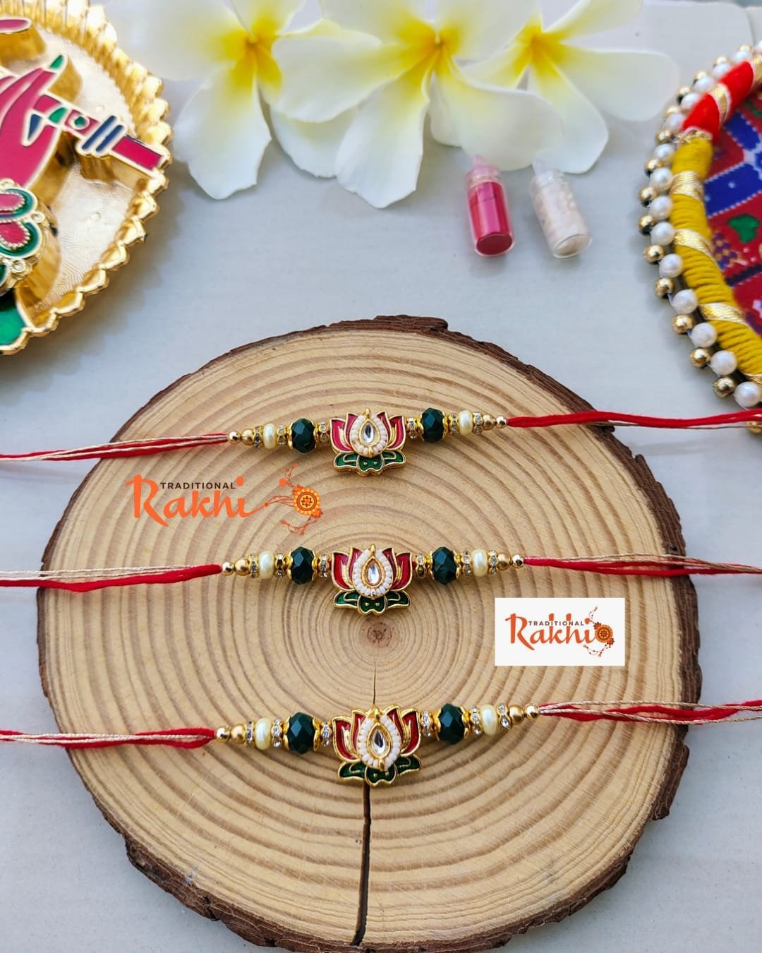 Traditional Meenakari Lotus Flower Crystal Beaded Designer Rakhi (Single Piece) - Image 4