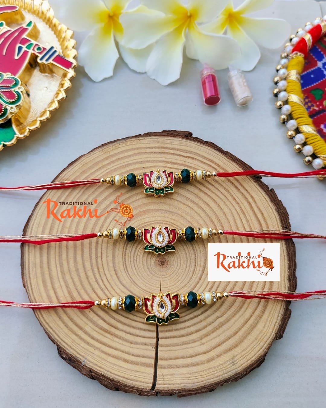 Traditional Meenakari Lotus Flower Crystal Beaded Designer Rakhi (Single Piece) - Image 3
