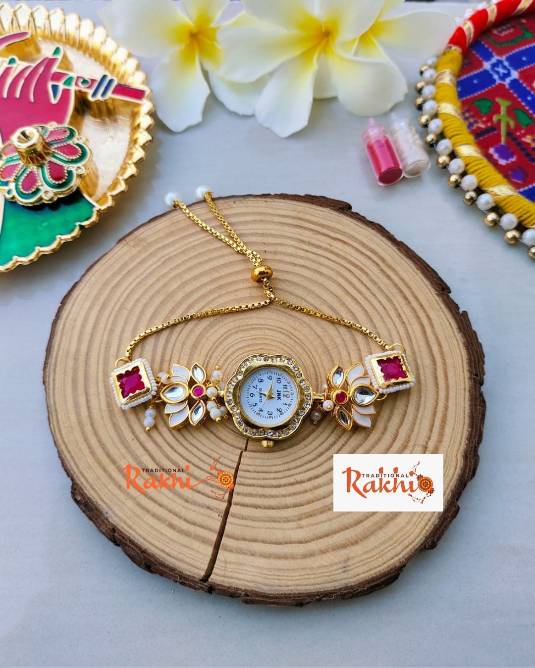 Premium Kundan Floral Adjustable Slider Watch Lumba – Golden-Toned Luxury Bracelet Watch for Bhabhi - Image 2