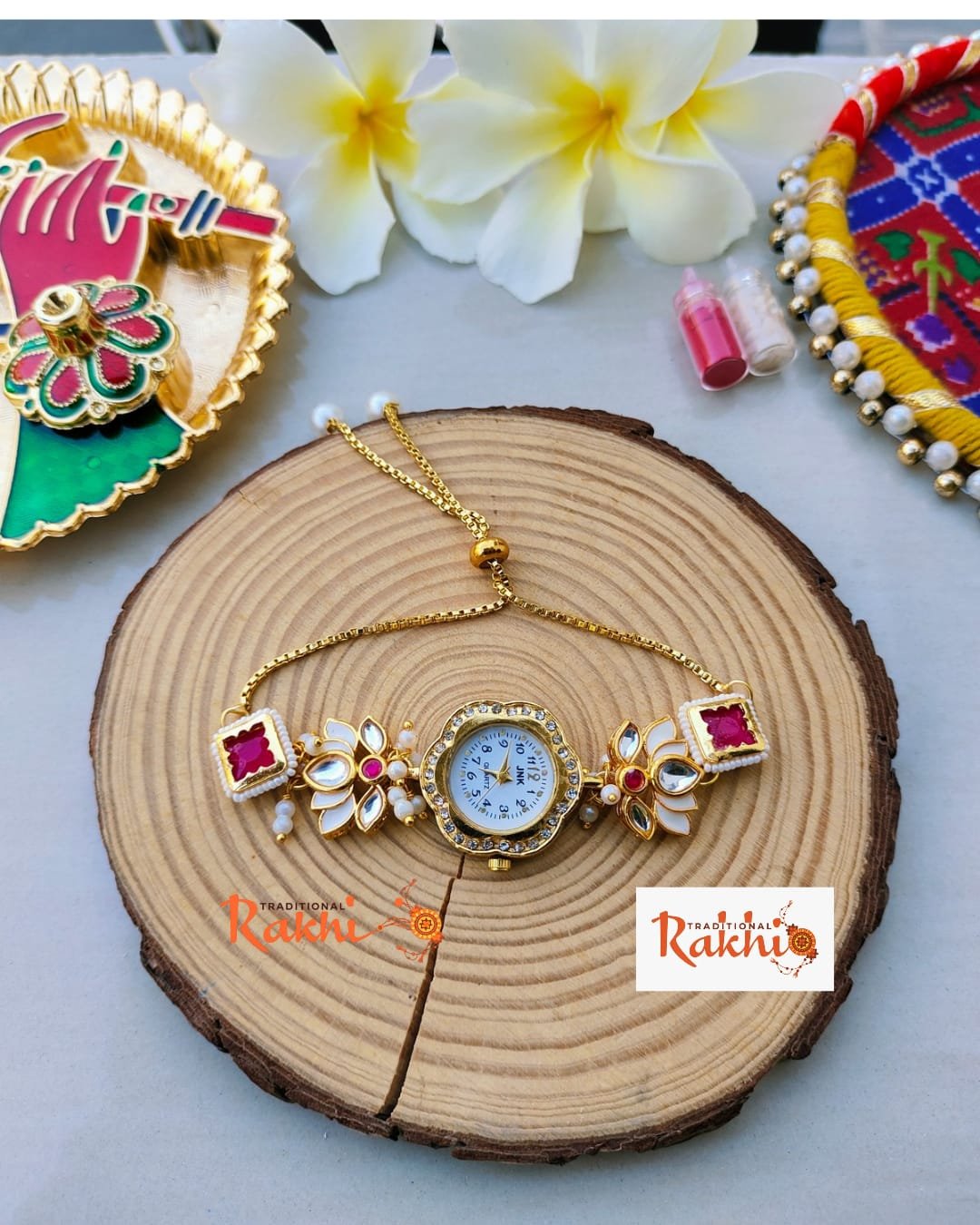 Premium Kundan Floral Adjustable Slider Watch Lumba – Golden-Toned Luxury Bracelet Watch for Bhabhi - Image 4