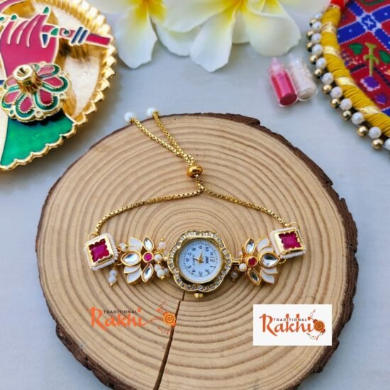 Premium Kundan Floral Adjustable Slider Watch Lumba – Golden-Toned Luxury Bracelet Watch for Bhabhi
