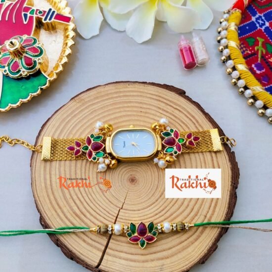 Premium Kashmiri Meenakari Watch Lumba – Golden-Toned Floral Mesh Bracelet Watch for Bhabhi