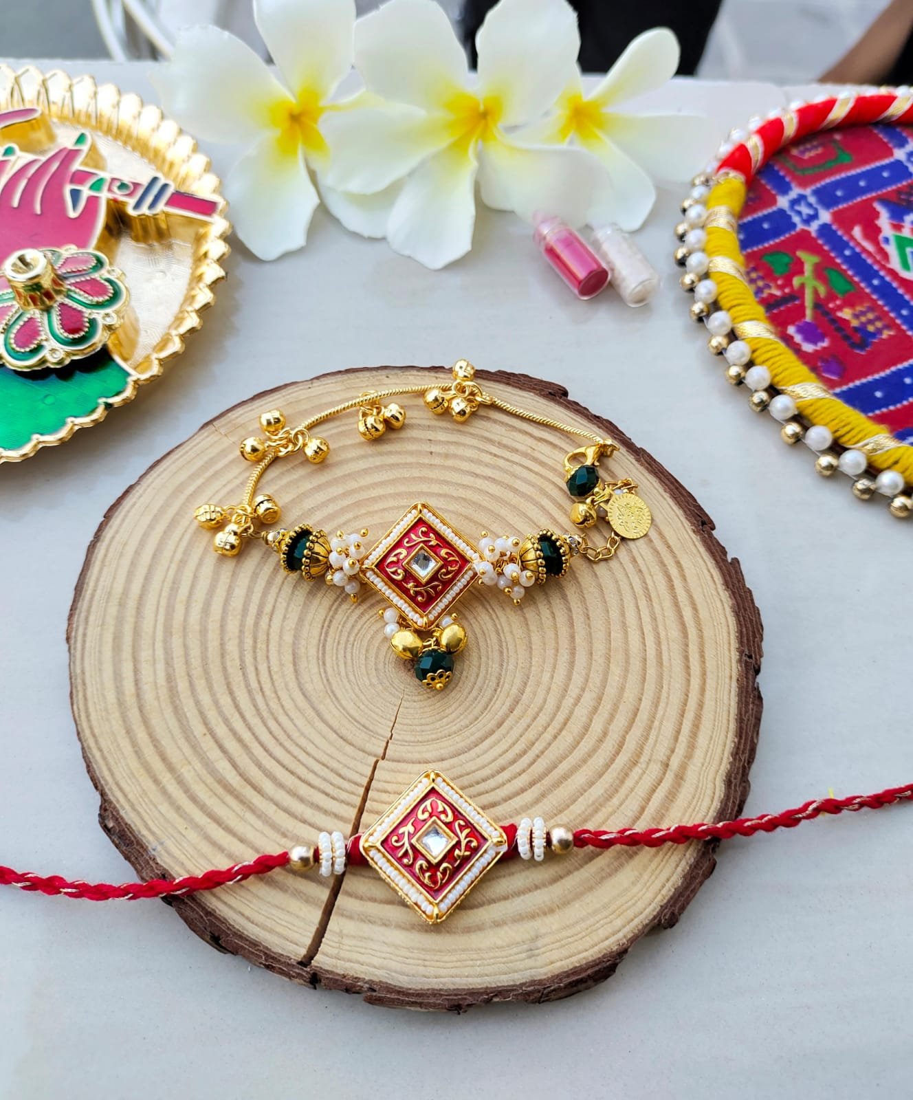 Elegant Diamond Kundan Couple Rakhi Set - Image 2