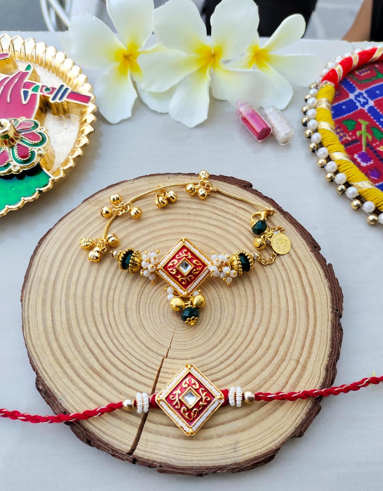 Elegant Diamond Kundan Couple Rakhi Set
