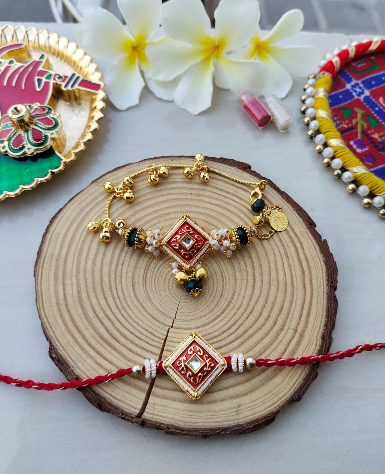 Elegant Diamond Kundan Couple Rakhi Set - Image 4
