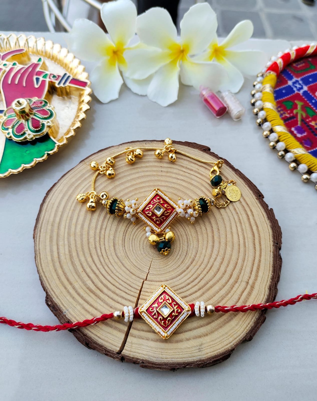 Elegant Diamond Kundan Couple Rakhi Set - Image 3