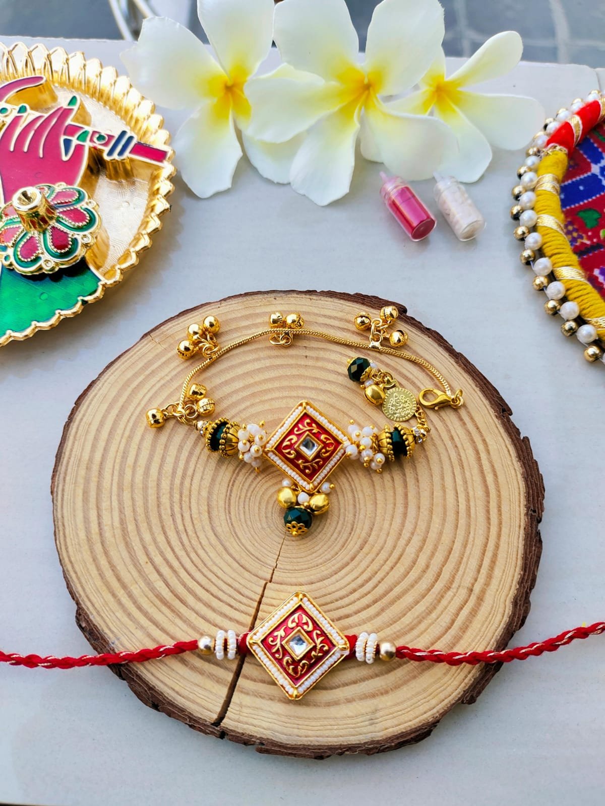 Elegant Diamond Kundan Couple Rakhi Set - Image 5