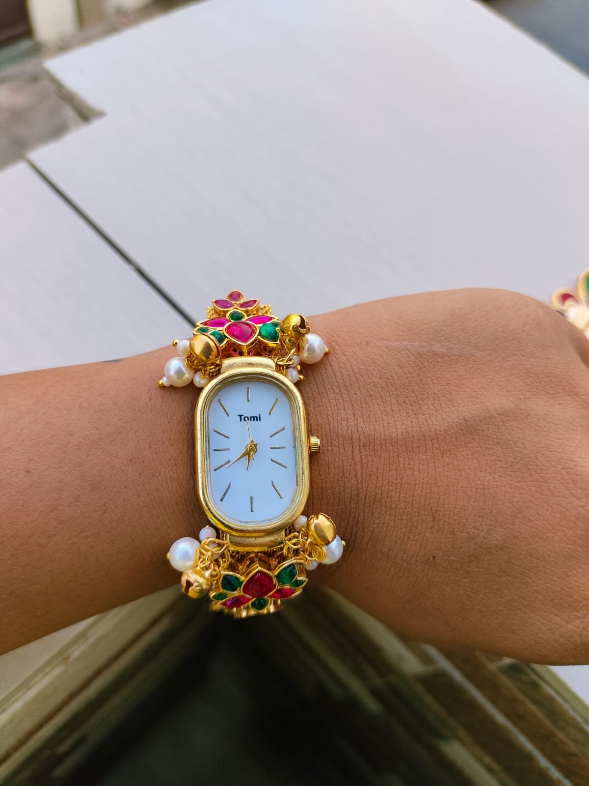 Premium Kashmiri Meenakari Watch Lumba – Golden-Toned Floral Mesh Bracelet Watch for Bhabhi - Image 2