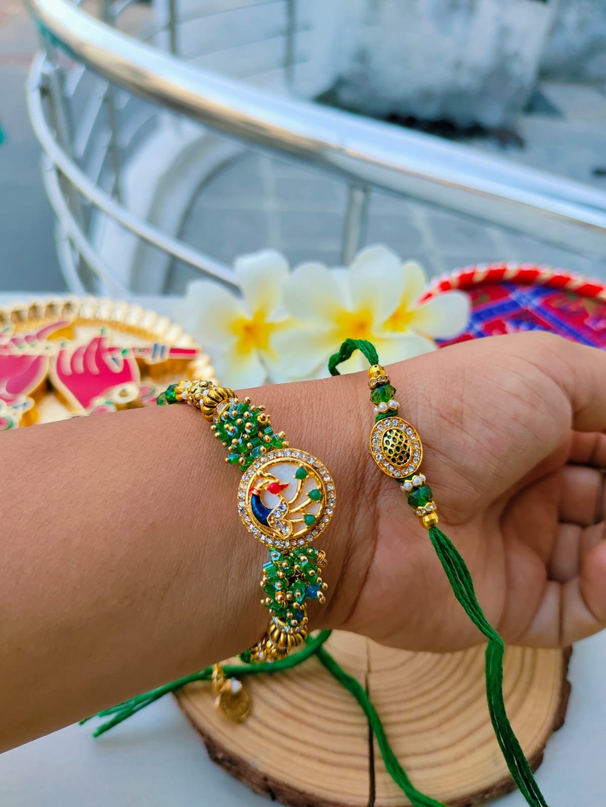 Emerald Green Meenakari Peacock Bhaiya Bhabhi Combo Rakhi Set - Image 3