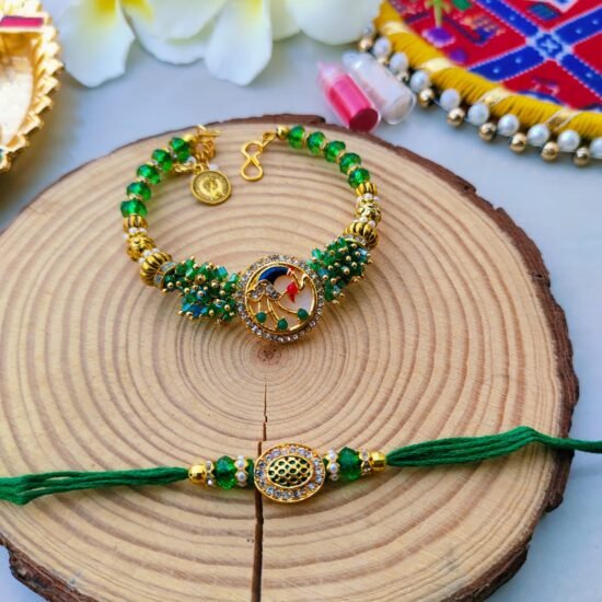Emerald Green Meenakari Peacock Bhaiya Bhabhi Combo Rakhi Set