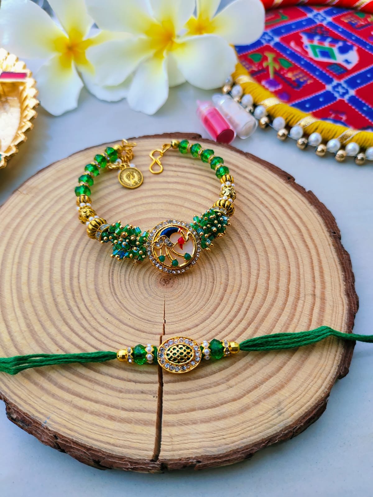 Emerald Green Meenakari Peacock Bhaiya Bhabhi Combo Rakhi Set