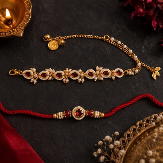 Premium Ruby Kundan Golden-Toned Multi-Pearl Lumba Bracelet