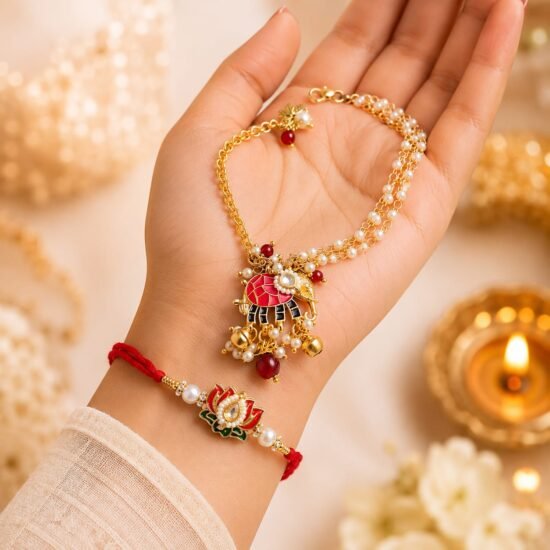 Meenakari Lotus Rakhi & Pearl Elephant Lumba Combo