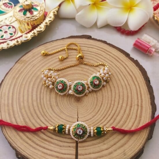 Emerald Green Meenakari Floral Bhaiya Bhabhi Rakhi Combo Set (Premium Slider Lumba Set)
