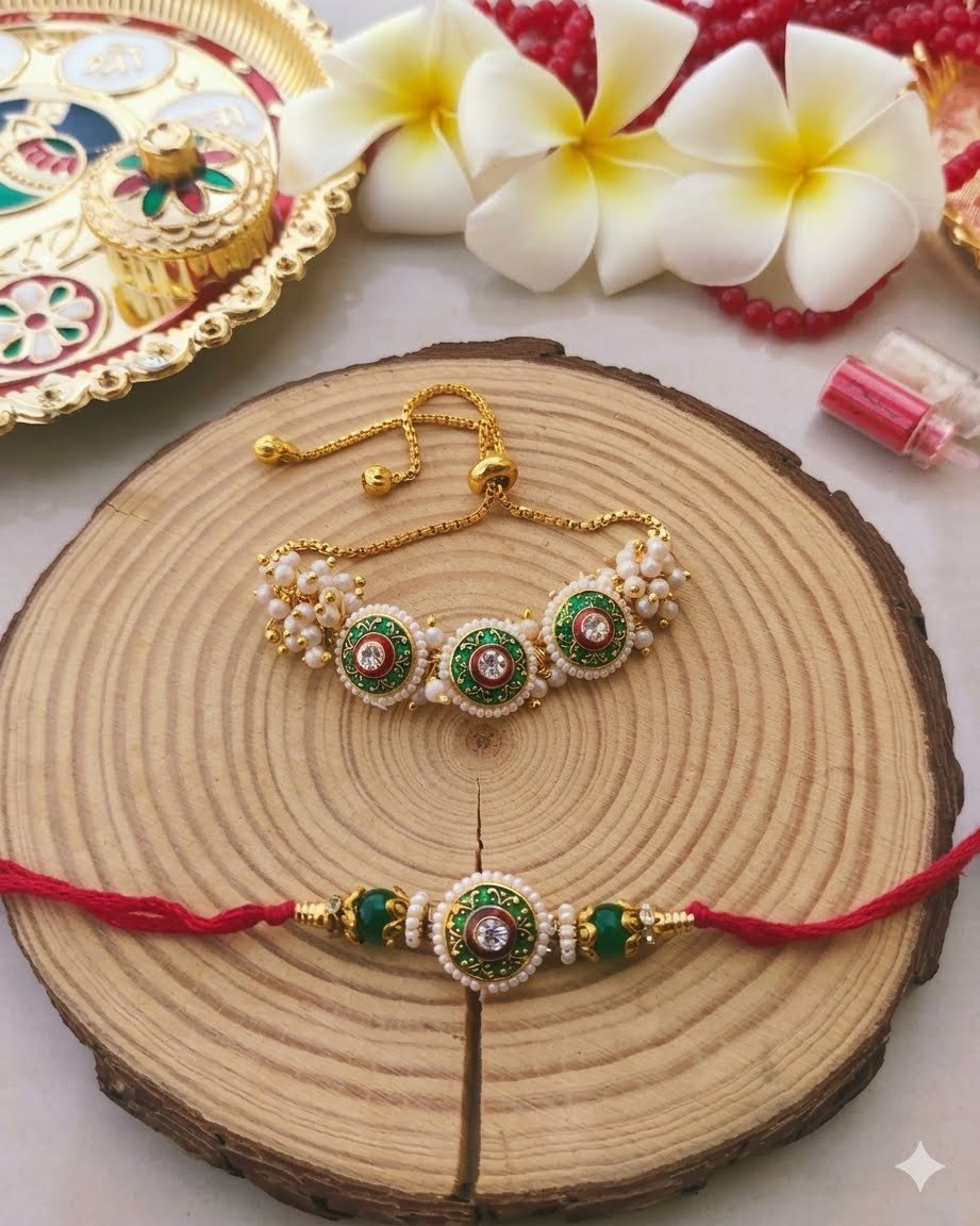 Emerald Green Meenakari Floral Bhaiya Bhabhi Rakhi Combo Set (Premium Slider Lumba Set)