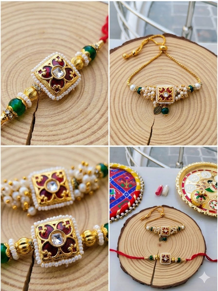 Premium Maroon & Green Pearl Bhaiya Bhabhi Rakhi Lumba Combo Set - Image 3