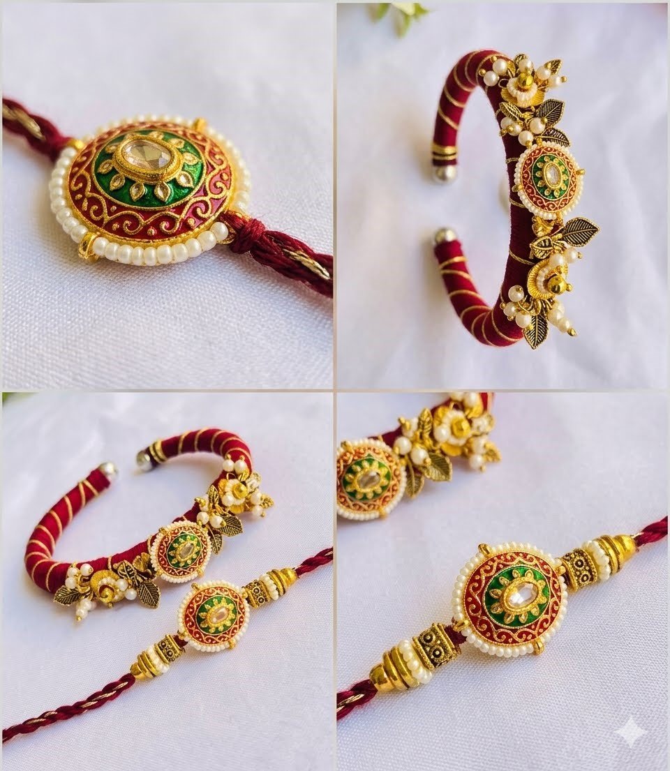 Royal Maroon Meenakari Bhaiya Bhabhi Rakhi & Adjustable Bangle Lumba Combo Set - Image 2