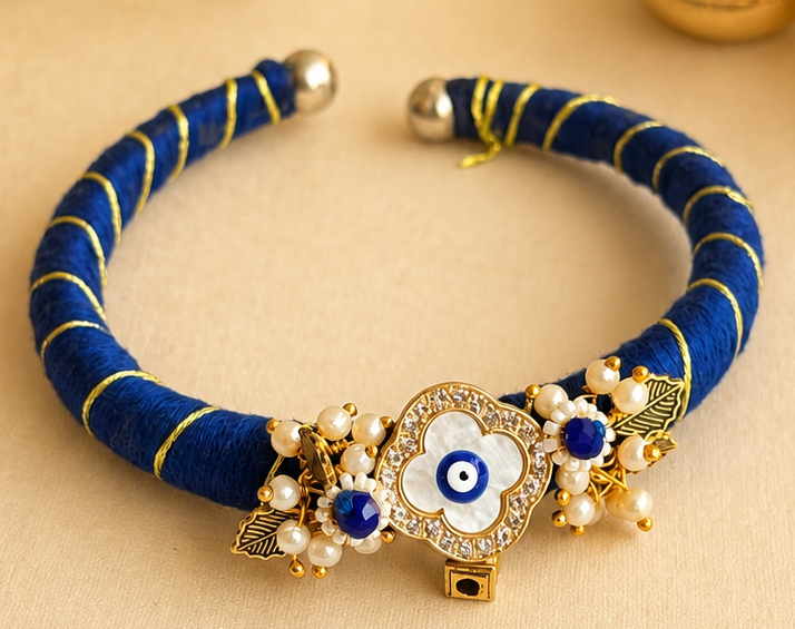 Sacred Evil Eye Clover Bhaiya Bhabhi Rakhi & Kada Lumba Set (Combo Pack) - Image 3