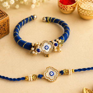Sacred Evil Eye Clover Bhaiya Bhabhi Rakhi & Kada Lumba Set (Combo Pack)