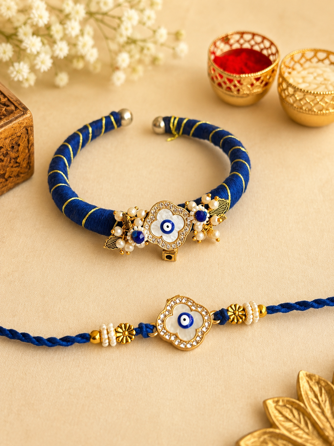 Sacred Evil Eye Clover Bhaiya Bhabhi Rakhi & Kada Lumba Set (Combo Pack)