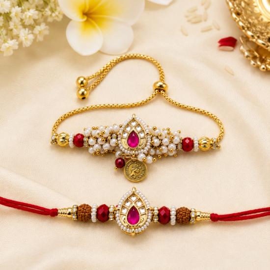 Royal Pink Kundan Laxmi Coin Bhaiya Bhabhi Combo Rakhi Set
