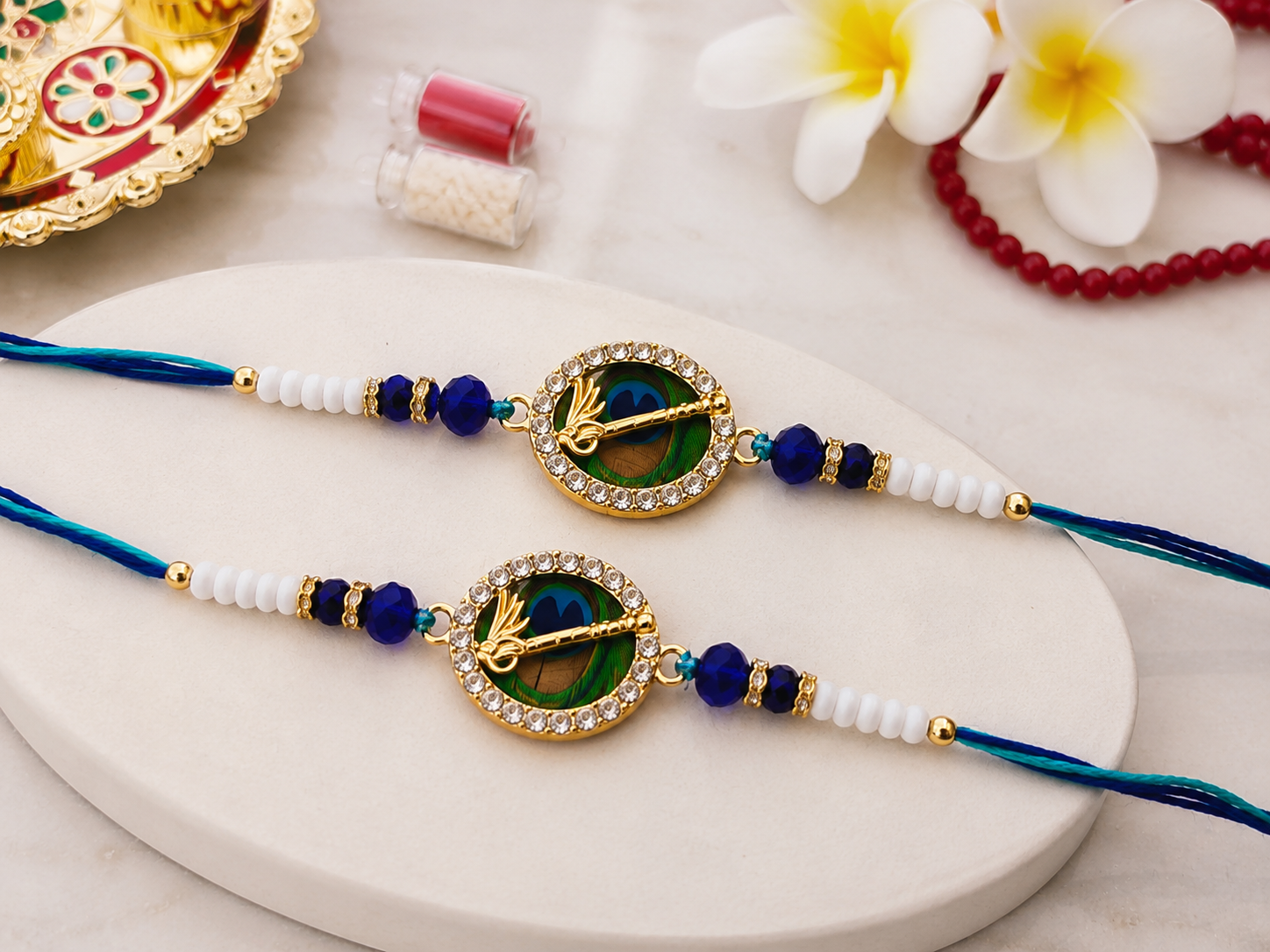 Premium Krishna Flute & Peacock Feather Rakhi - Image 3