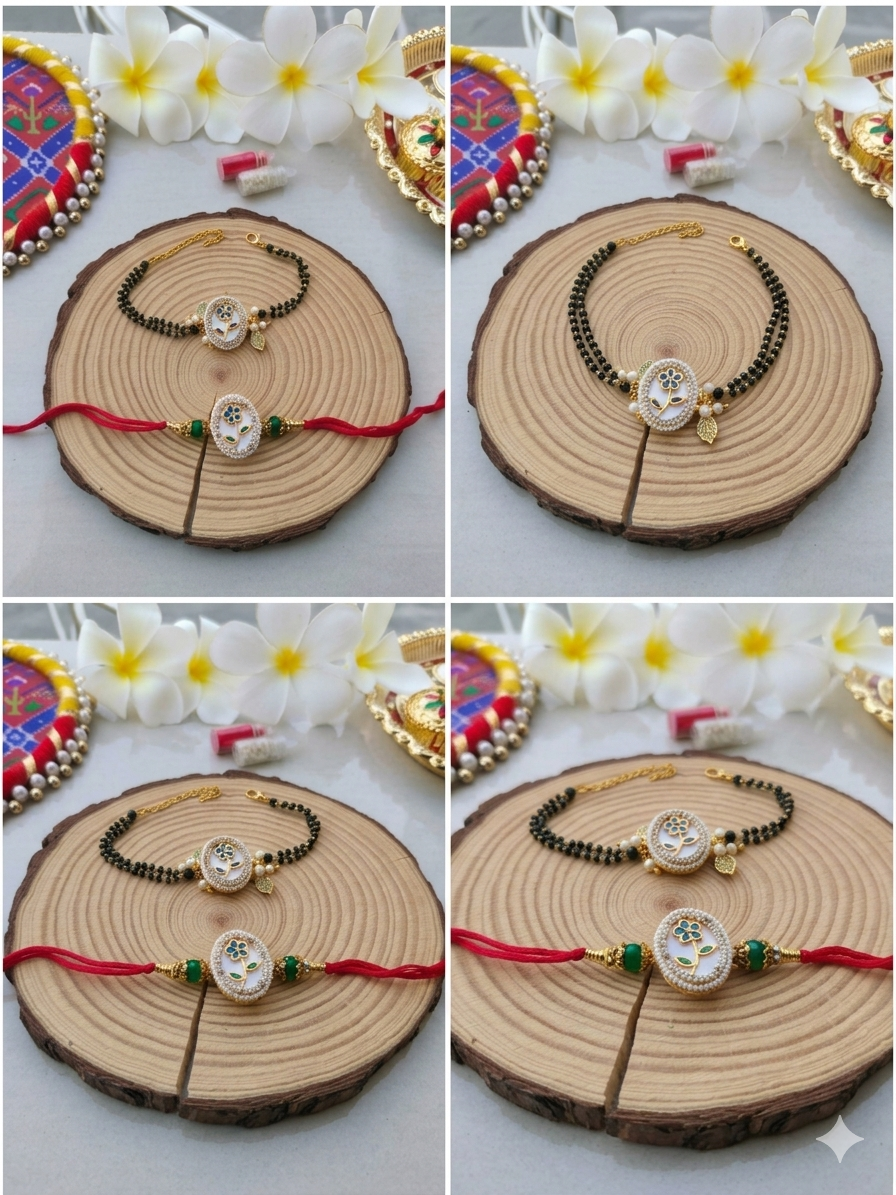 White Enamel Oval Floral Bhaiya Bhabhi Rakhi and Lumba Mangalsutra Bracelet Set - Image 3