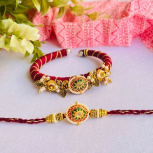 Royal Maroon Meenakari Bhaiya Bhabhi Rakhi & Adjustable Bangle Lumba Combo Set