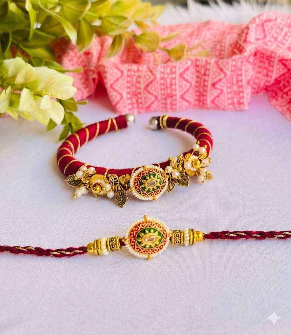 Royal Maroon Meenakari Bhaiya Bhabhi Rakhi & Adjustable Bangle Lumba Combo Set