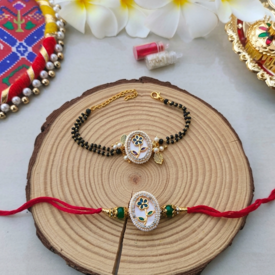 White Enamel Oval Floral Bhaiya Bhabhi Rakhi and Lumba Mangalsutra Bracelet Set