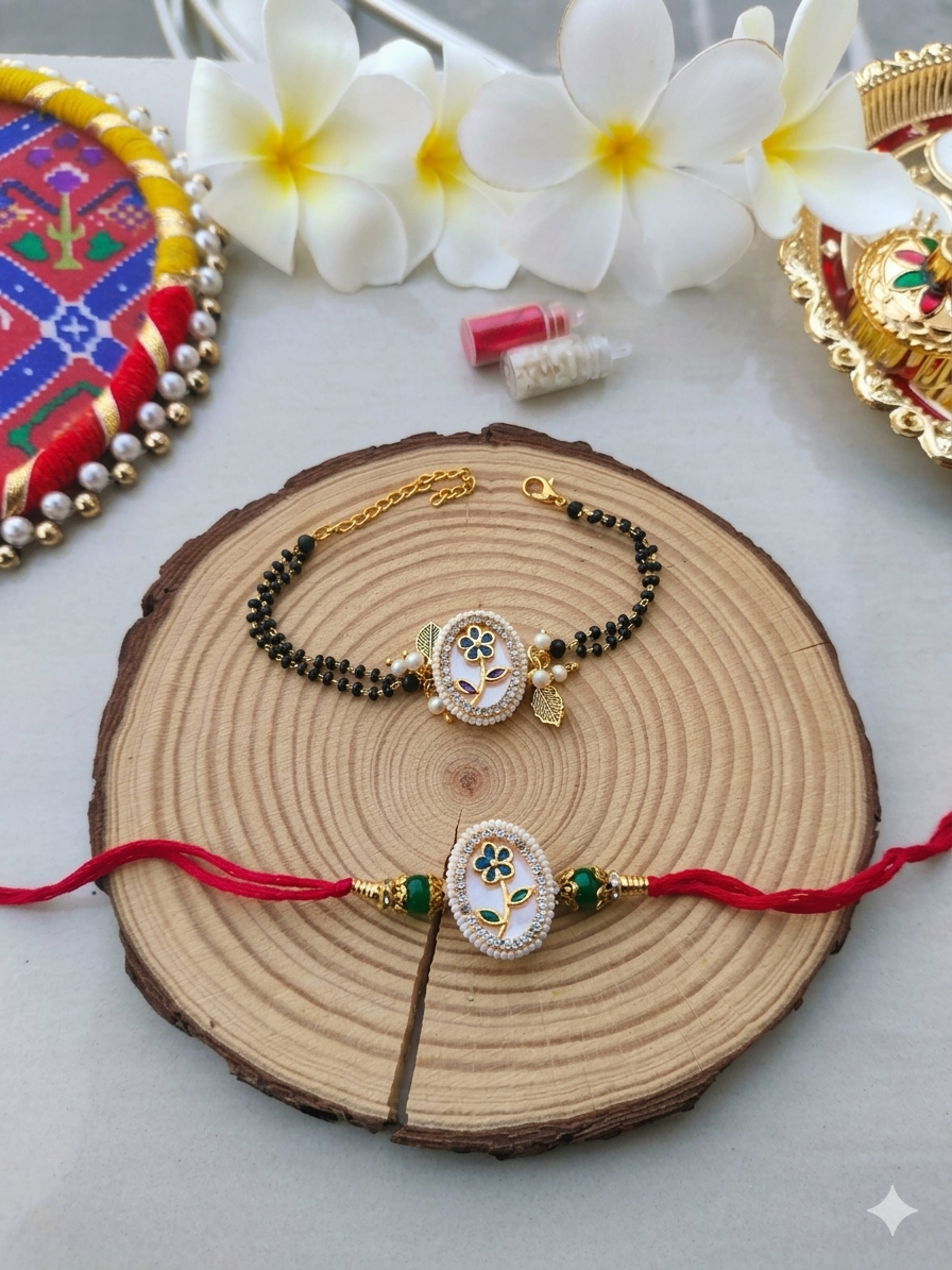 White Enamel Oval Floral Bhaiya Bhabhi Rakhi and Lumba Mangalsutra Bracelet Set