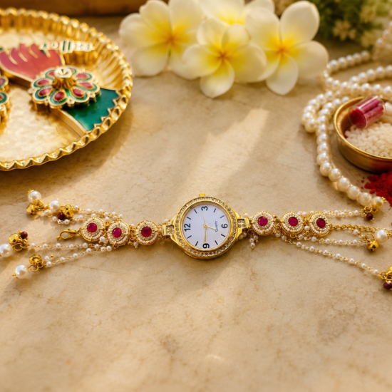 Premium Ruby & Pearl Halo Lumba Wristwatch for Bhabhi